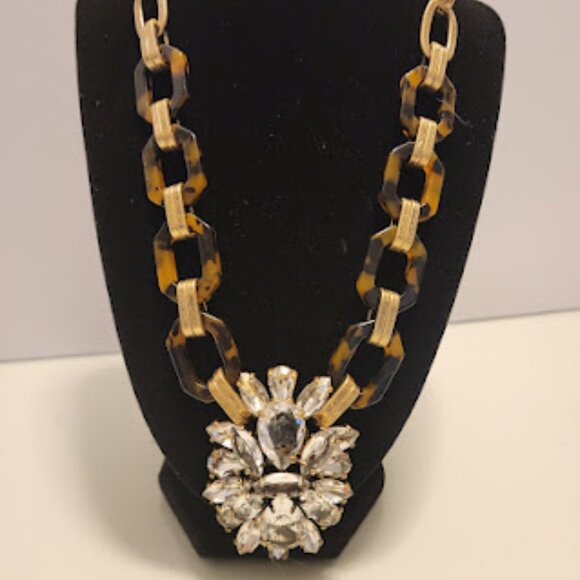 J.Crew Tortoise Shell and Gold with Large Crystal Pendant Necklace - Picture 2 of 6